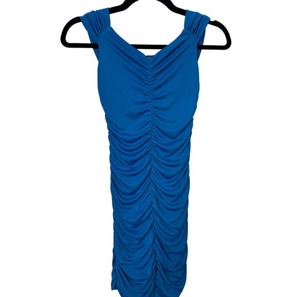 ZARA Ruched Small Royal Blue Sleeveless Dress Deep V-Neck - Picture 6 of 14